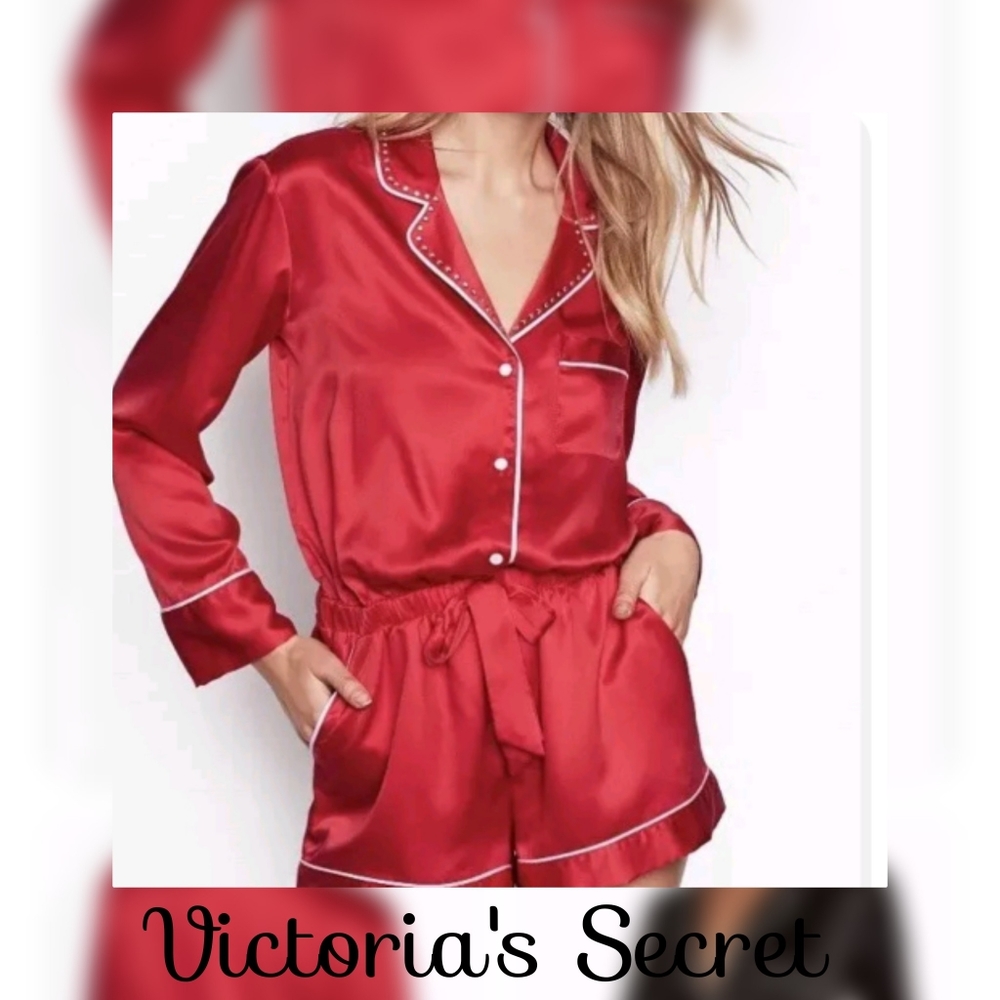Nwot Victoria's Secret Red Satin And Rhinestones Longsleeve Pajama Short Romper